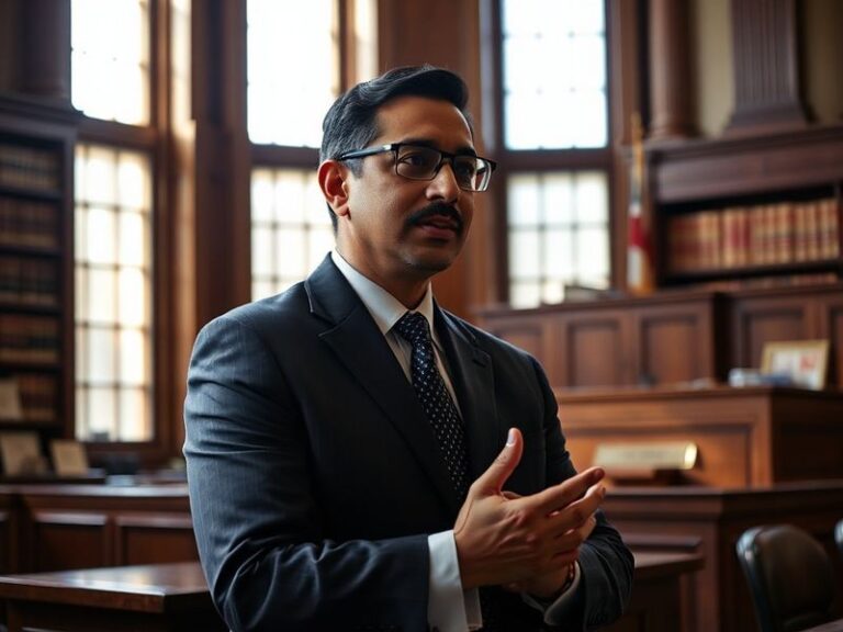 A portrait of Kannon Shanmugam in a formal suit, standing in a modern courtroom with soft lighting emphasizing his thoughtful
