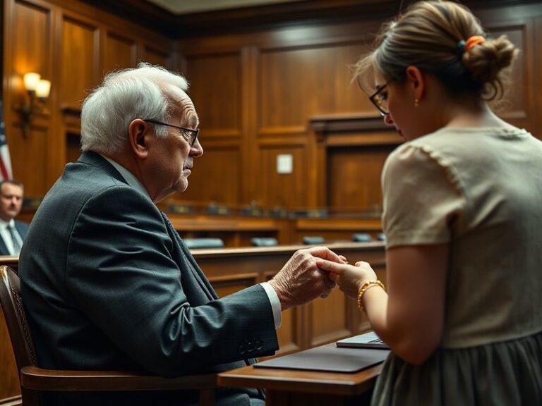 A courtroom sketch-style illustration showing a judge in robes at a bench, with a family of four (two adults and two children