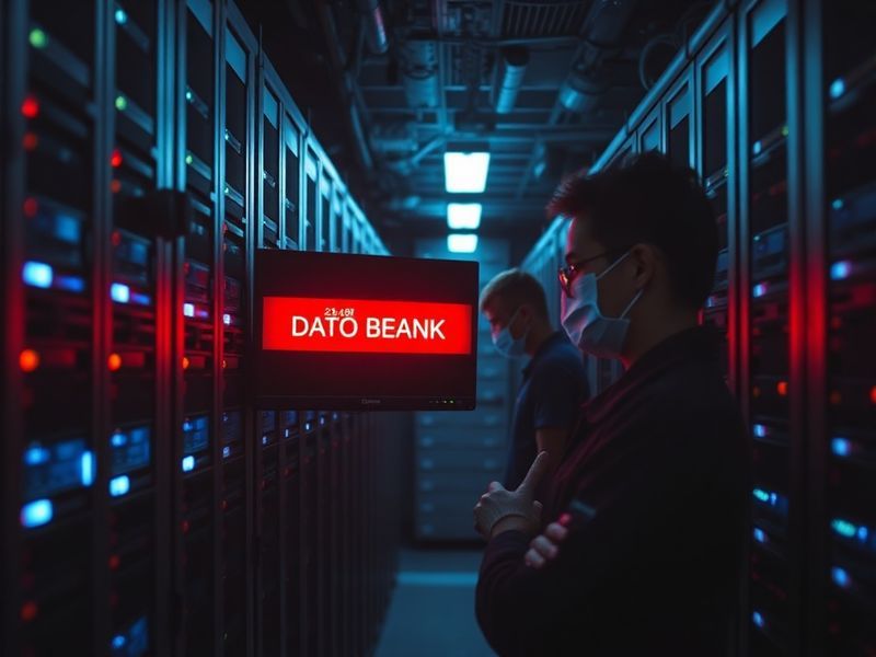 A digital visualization of DNA strands breaking apart, with binary code overlay and red warning symbols, representing a data