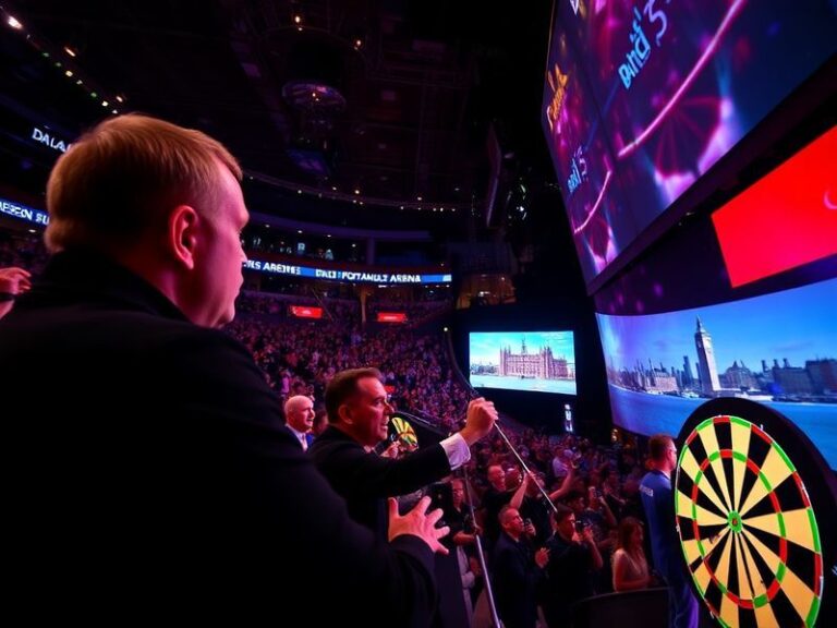 A vibrant scene inside a Liverpool darts club, featuring players in mid-throw, surrounded by cheering fans, dartboards visibl