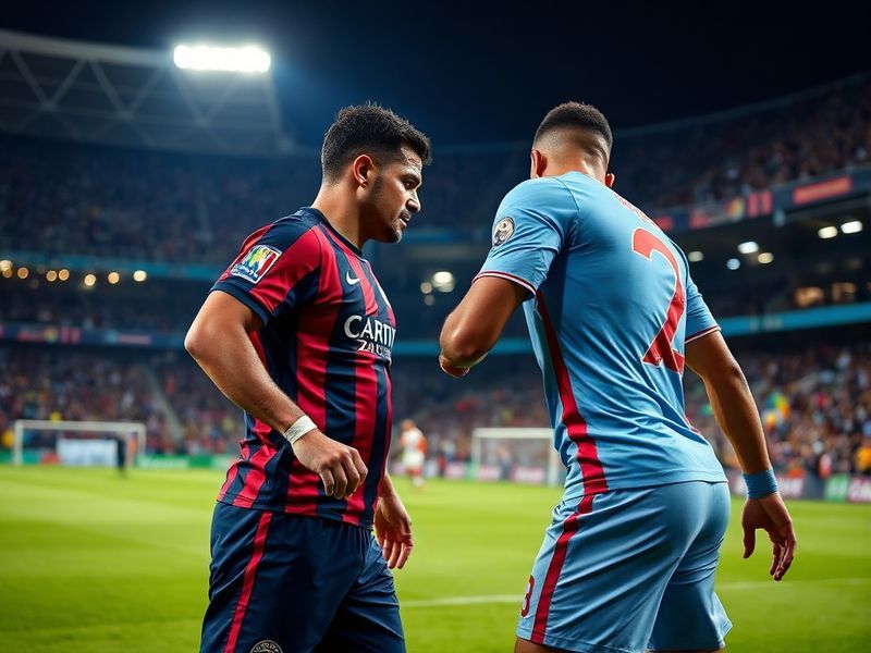 A vibrant stadium atmosphere with Atlético Mineiro players in black-and-white stripes and Ceará players in green-and-red faci