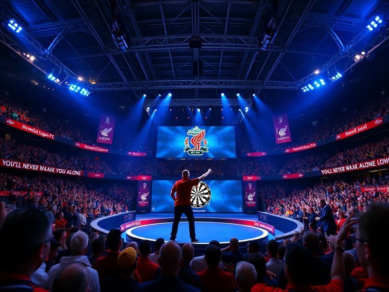 A vibrant night scene at Liverpool’s M&S Bank Arena, with darts players on stage under bright lights, a roaring crowd in the