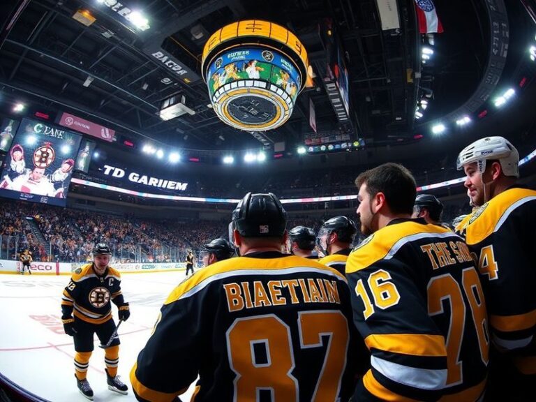A panoramic view of TD Garden during a Bruins game, showing the packed arena with fans waving jerseys, surrounded by Boston s