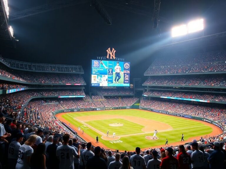 A split-screen image of a Yankees vs Red Sox game with fans in the stands, highlighting the rivalry atmosphere and the iconic
