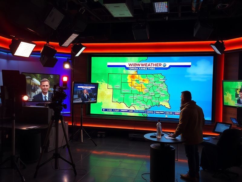 A meteorologist standing in front of a green screen with Doppler radar imagery, pointing at an approaching storm system over