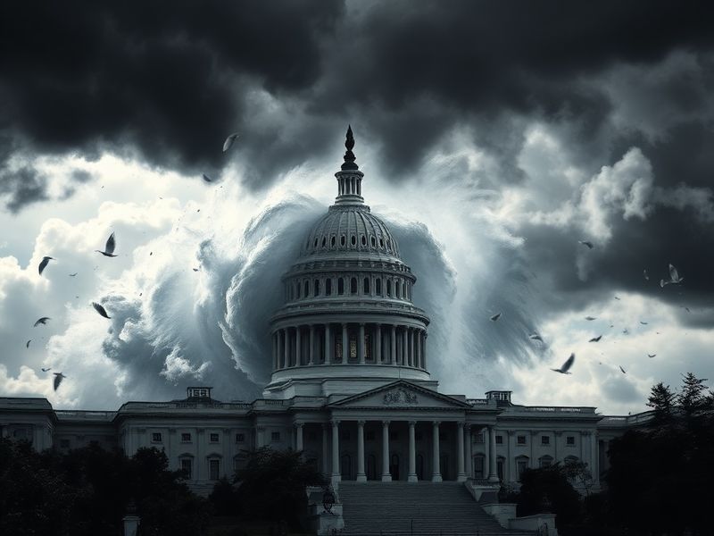 A split-image illustration showing a powerful hurricane on one side and a U.S. Capitol building on the other, symbolizing the