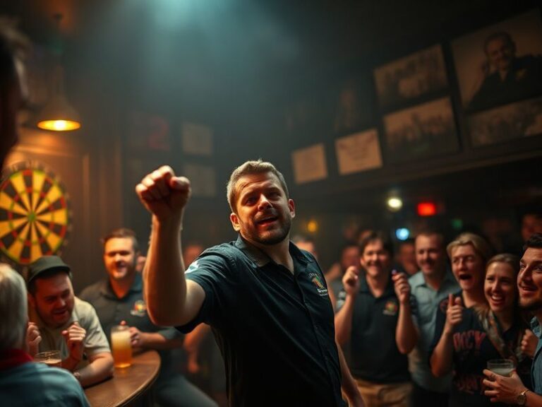 Jonny Clayton mid-throw at a darts tournament, wearing a dark hoodie, intense focus on his face, with a blurred arena backgro