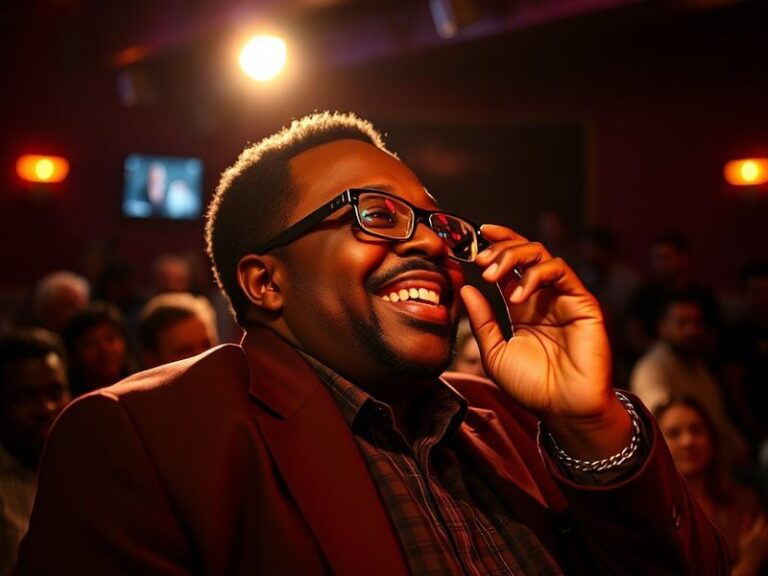 A dynamic photo of Cedric the Entertainer on stage during a comedy performance, wearing a stylish suit and holding a micropho