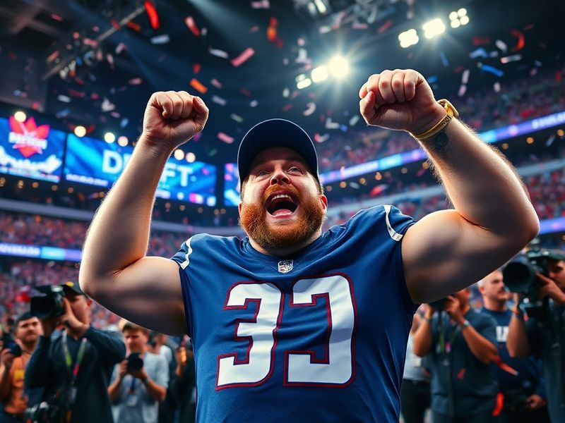 A vibrant studio setup with Pat McAfee and his team during a live draft broadcast, featuring multiple screens, a live audienc