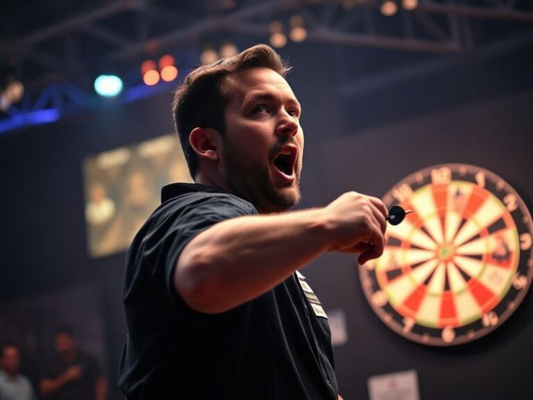A focused Jonny Clayton mid-throw during a televised match, wearing a navy-blue PDC shirt, with a tense but determined expres