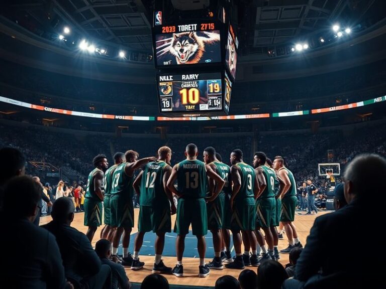 A panoramic shot of Target Center packed with fans, with the Minnesota Timberwolves logo visible on the court. The arena ligh
