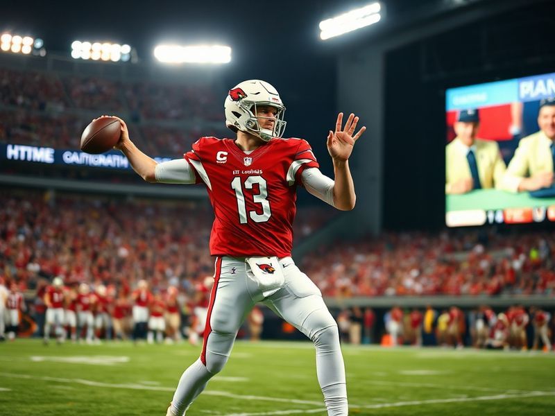 A dynamic action shot of Kyler Murray in a Cardinals uniform mid-throw, with a blurred stadium background and intense lightin