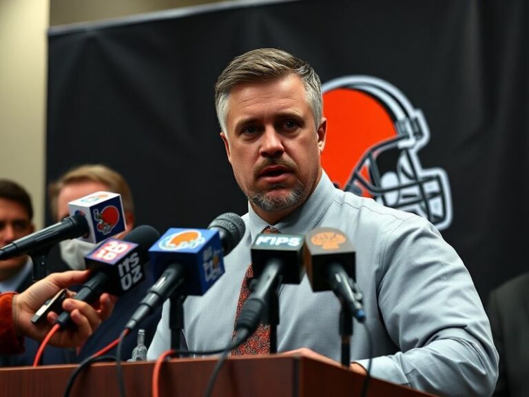 A dynamic image of the Cleveland Browns' defensive line celebrating during a game, with the new acquisition mid-celebration,