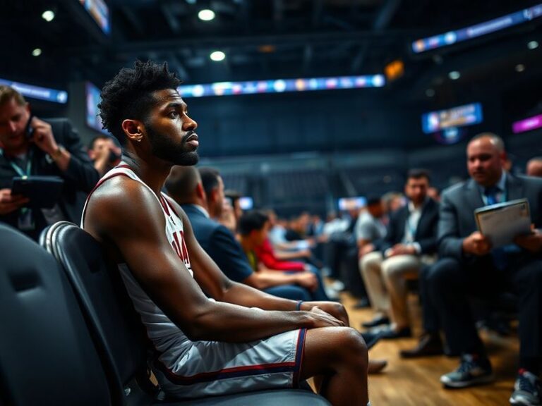 A dynamic shot of Jeremiah Smith in a Miami Hurricanes uniform, mid-catch during a game, with NFL team logos faintly visible