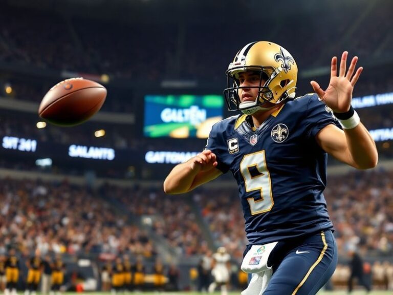 A split-screen image showing Jameis Winston in a Saints uniform mid-pass, Jordan Travis scrambling in a green practice jersey