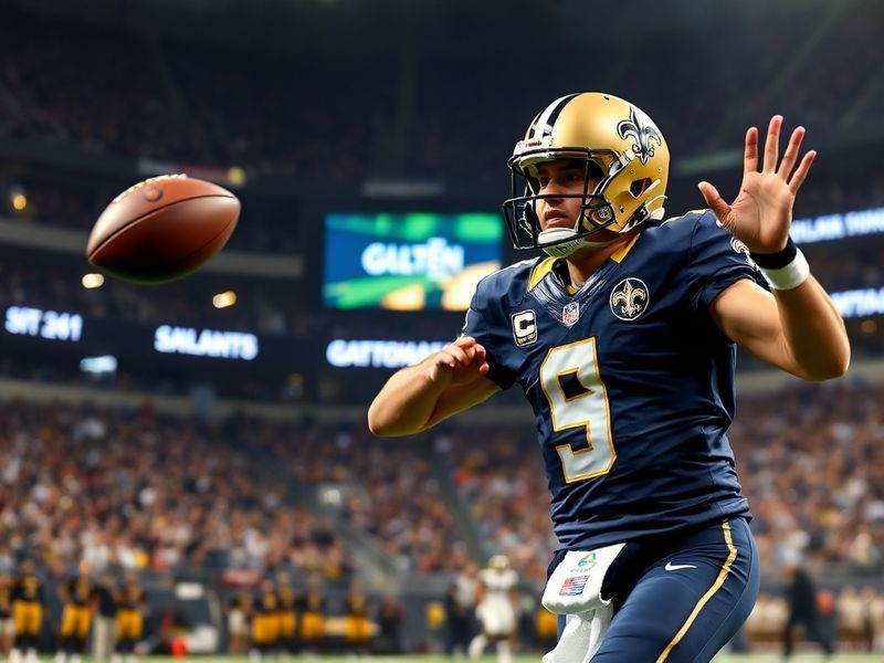 A split-screen image showing Jameis Winston in a Saints uniform mid-pass, Jordan Travis scrambling in a green practice jersey