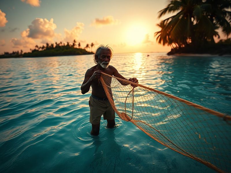 A serene beach scene in Samoa at sunrise, with a single figure sitting in quiet reflection on the sand, surrounded by palm tr