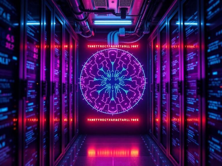 A futuristic digital workspace with a glowing AI interface displaying text, code, and data visualizations on a holographic sc