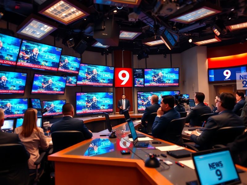 A modern news studio with News 9 branding, featuring meteorologists on screen, anchors at desks, and digital displays showing