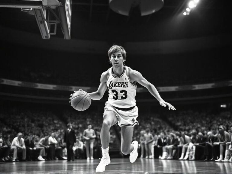 A classic black-and-white photograph of Jerry West in mid-dribble during his playing days, wearing a Los Angeles Lakers unifo