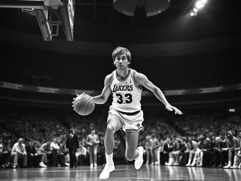 A classic black-and-white photograph of Jerry West in mid-dribble during his playing days, wearing a Los Angeles Lakers unifo