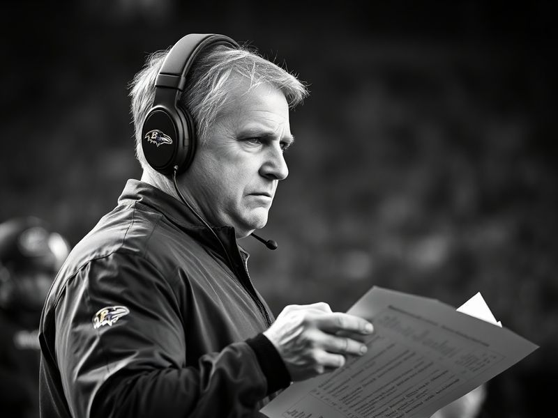 A dynamic image of a Baltimore Ravens coach on the sidelines during a game, with players in action on the field and the M&T B