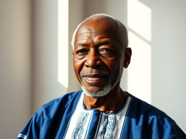 A dynamic studio portrait of Max Iheanachor surrounded by his mixed-media artworks, blending African patterns with European m