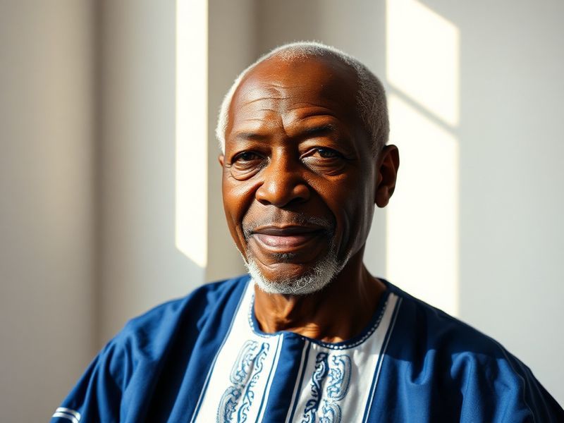 A dynamic studio portrait of Max Iheanachor surrounded by his mixed-media artworks, blending African patterns with European m