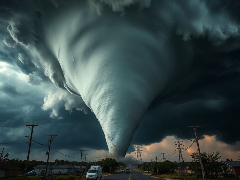 A dramatic scene of a tornado approaching Kansas City, with dark storm clouds looming over the skyline. The image captures th