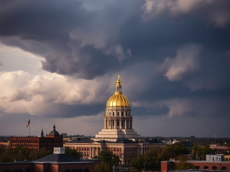 A wide shot of Iowa City during a winter blizzard, with snow-covered streets, bare trees, and wind-swept flurries. The scene