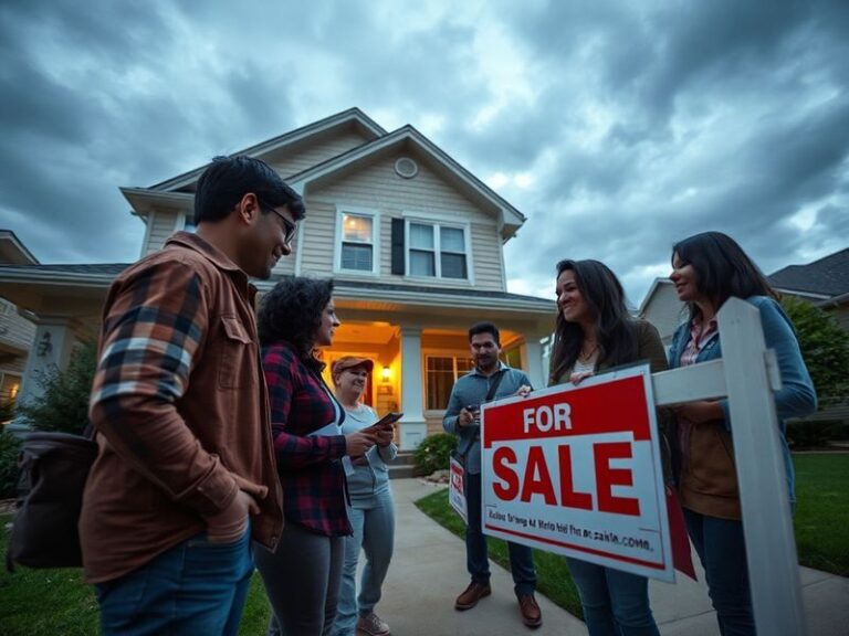 A split-image collage: one side shows a crowded urban skyline with high-rise buildings, the other side depicts a cozy suburba
