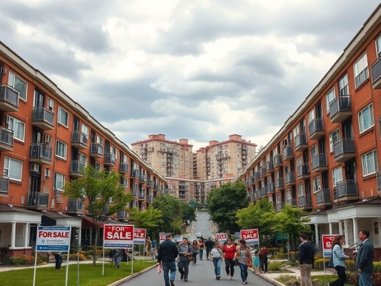 A split-image visual showing a suburban neighborhood with a modern single-family home on one side (sunny, inviting) and a cit