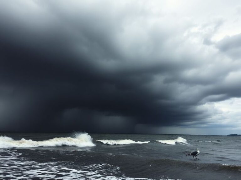 A split-image collage: on the left, a dramatic storm cloud over the Mississippi River with wind turbines in the background; o