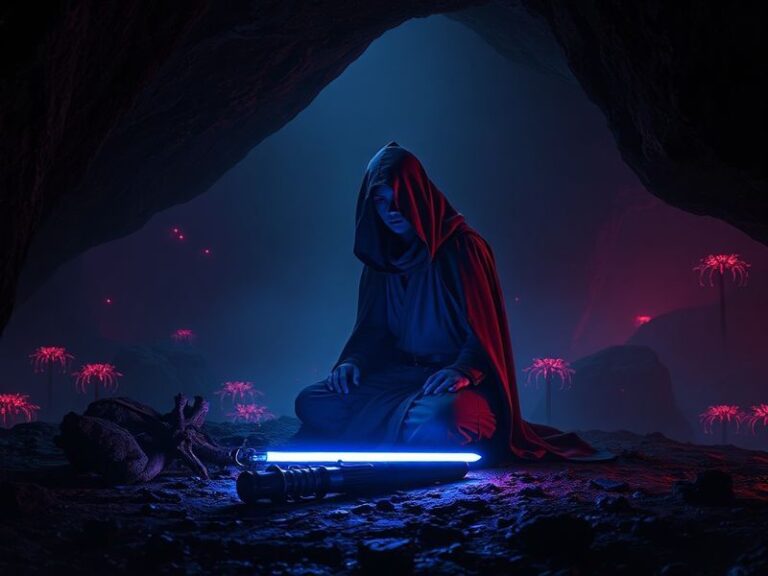 A cinematic shot of Mae Aniseya (Amandla Stenberg) standing in a dimly lit Jedi temple corridor, her face half-lit by a flick