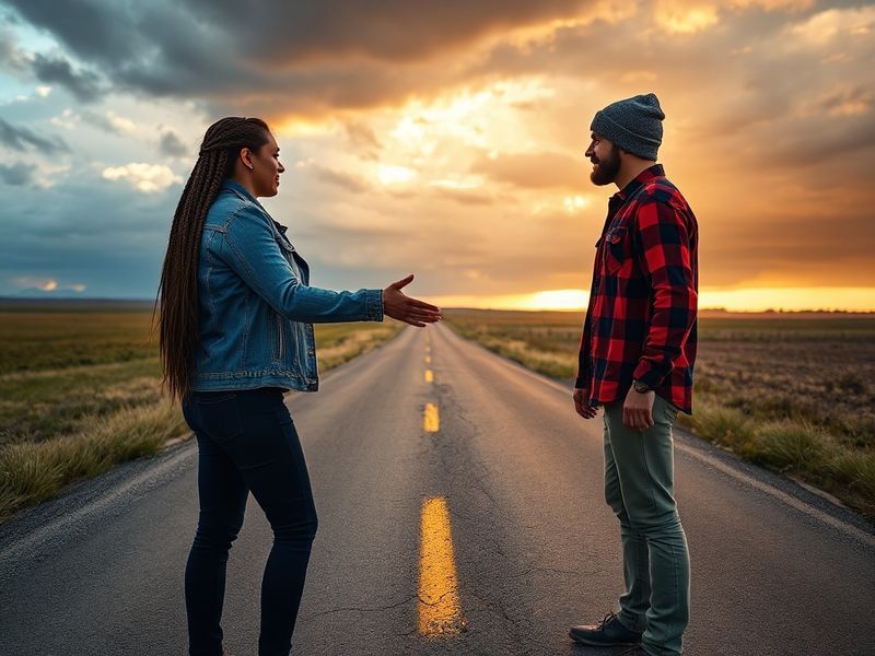 A diverse group of people sitting in a circle under a tree, engaged in quiet conversation. The scene is warm and hopeful, wit
