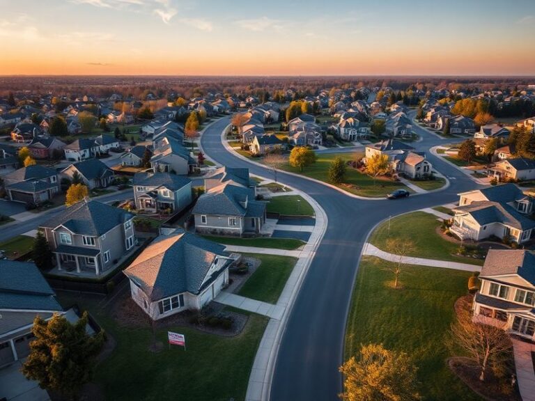 Aerial view of a modern eco-friendly neighborhood with solar panels, green roofs, and a mix of residential and commercial bui