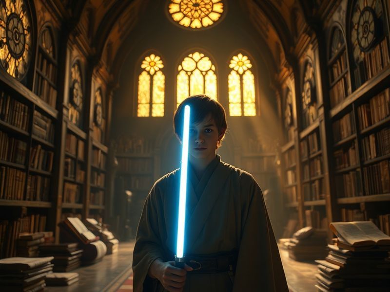 A cinematic shot of a shadowy figure in a dark robe standing against a backdrop of a starry galaxy, with faint Sith symbols g