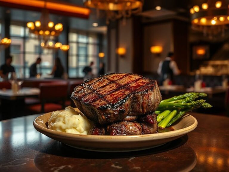 An elegant interior shot of Chris Steak House in Singapore, featuring dark wood paneling, leather banquettes, and a well-dres
