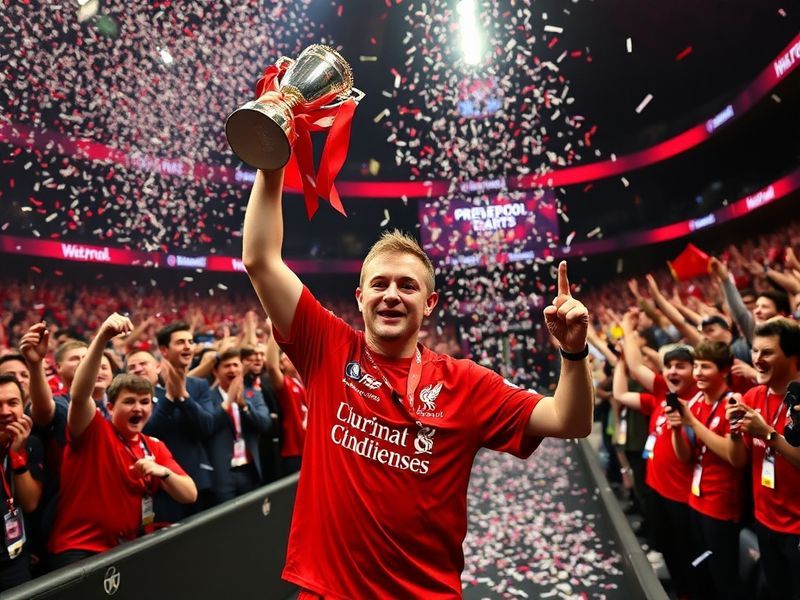 A packed Echo Arena in Liverpool during a Premier League Darts match, with a player mid-throw, surrounded by cheering fans, a
