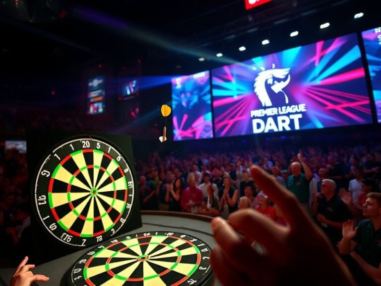A vibrant shot of the M&S Bank Arena in Liverpool during a Premier League Darts event, with bright lights, cheering fans in t