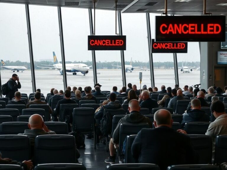 A crowded airport terminal with frustrated passengers checking departure boards as planes sit on the tarmac. The scene is dim