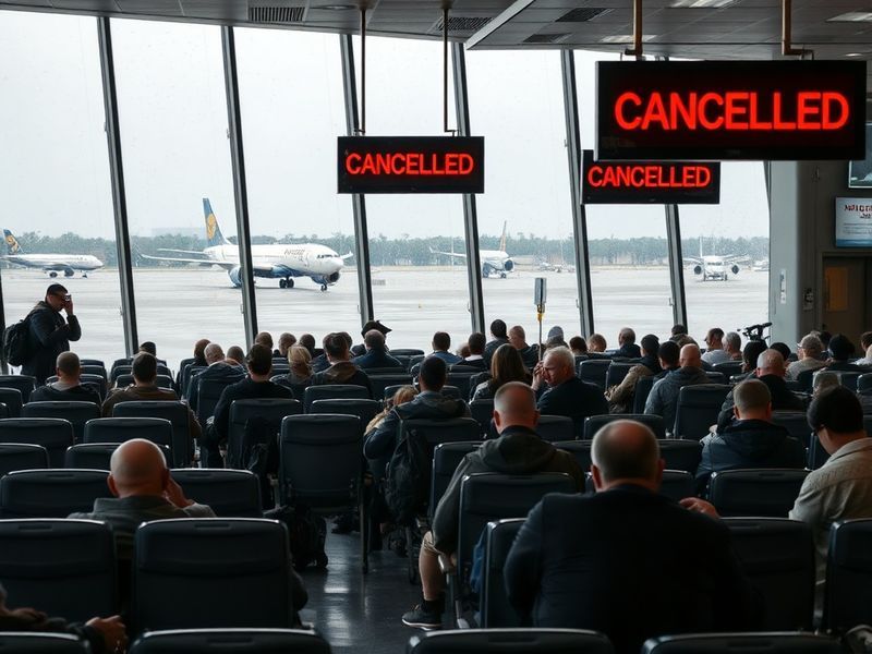 A crowded airport terminal with frustrated passengers checking departure boards as planes sit on the tarmac. The scene is dim