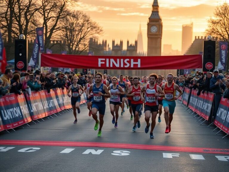 A vibrant image of the London Marathon with runners crossing Tower Bridge, surrounded by cheering spectators, bright spring s