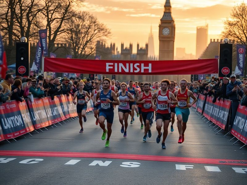 A vibrant image of the London Marathon with runners crossing Tower Bridge, surrounded by cheering spectators, bright spring s