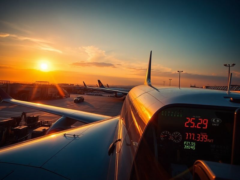 A close-up of a commercial airplane wing against a cloudy sky, with fuel trucks and airport infrastructure visible in the bac