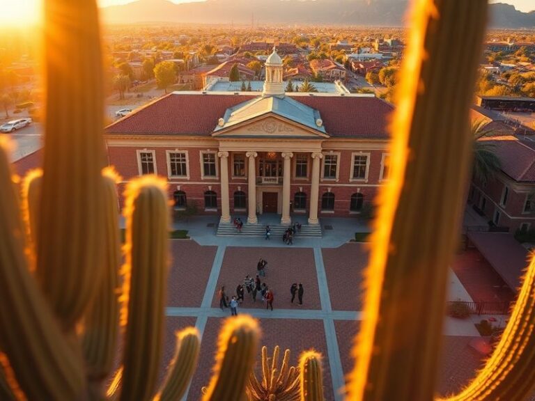 A vibrant campus scene at the University of Arizona, featuring the Old Main building, students walking between classes, and t