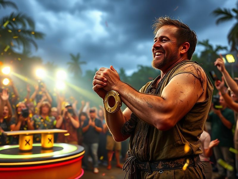 A vibrant live finale stage with confetti falling, finalists celebrating, and a large ITV logo backdrop. The mood is jubilant