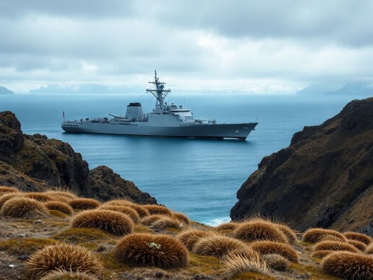 A panoramic view of the Falkland Islands coastline, featuring rugged cliffs, a British military ship in the distance, and an