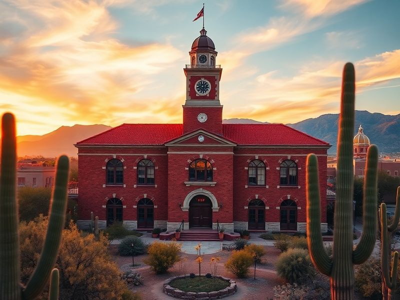A panoramic view of the University of Arizona campus at sunset, highlighting iconic buildings like the Arizona State Museum a