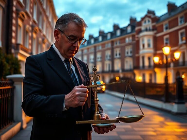 A professional chartered surveyor inspects a modern terraced house exterior, holding a clipboard and pen, with a cityscape ba